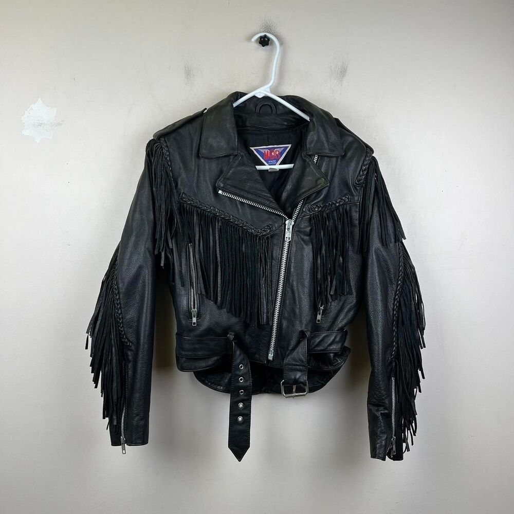MOB Black Leather Fringe Biker Jacket Size 12
